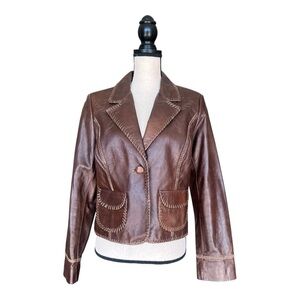 XOXO Women's Vintage Brown Leather Cowgirl Blazer Jacket Size L